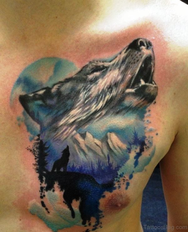 Watercolor Alpha Wolf Tattoo On Chest
