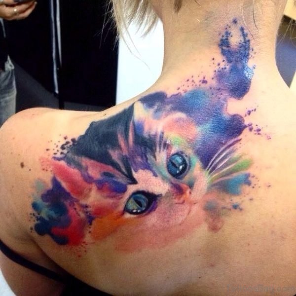 Watercolor Cat Tattoo On Shoulder