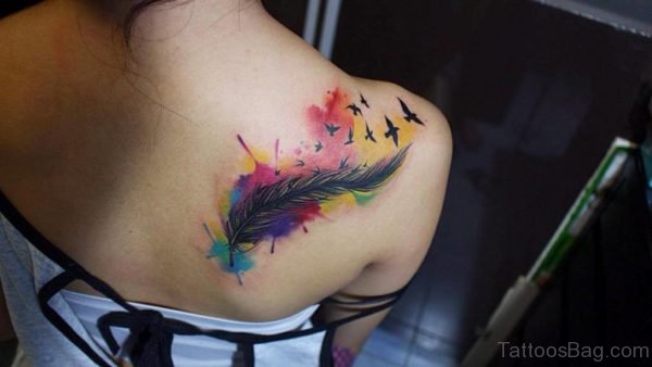 Watercolor Feather Tattoo On Right Back Shoulder