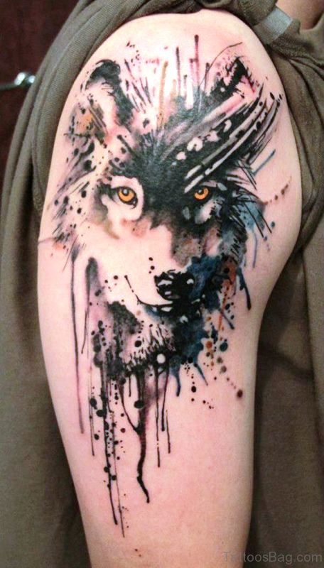 Watercolor Wolf Tattoo On Shoulder
