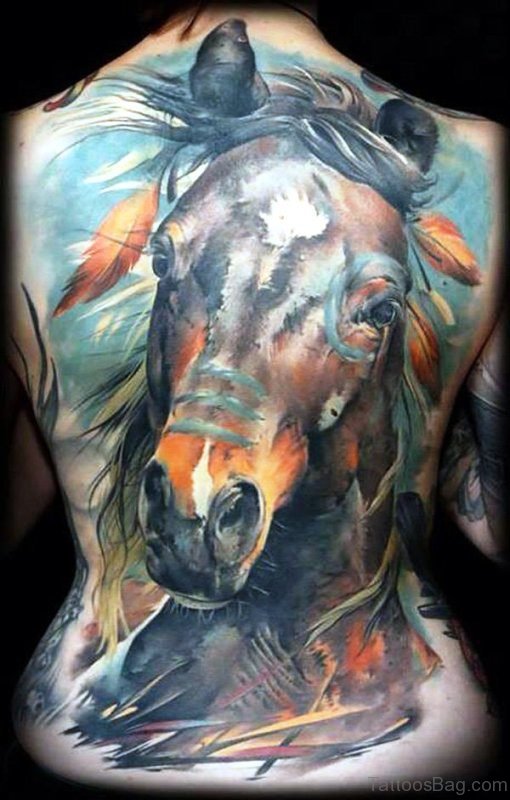 Watercolored Horse Tattoo On Back