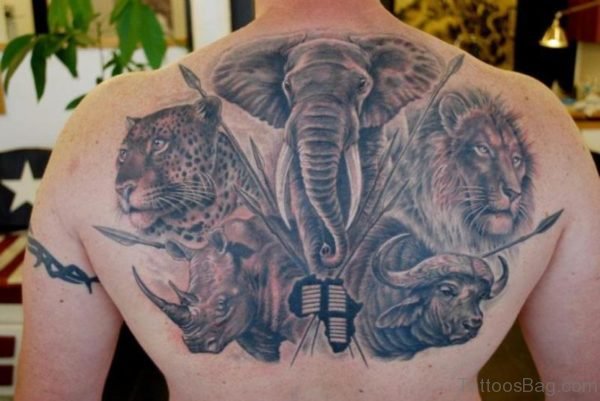 Wild Life And Elephant Tattoo On Back