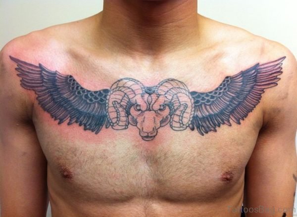 Winged Aries Tattoo On Chest For Men