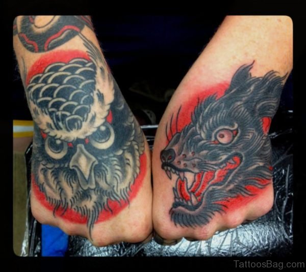 Wolf And Owl Tattoos On Hand