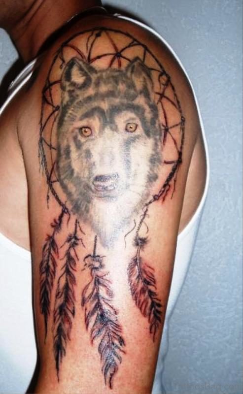 Wolf Dream Catcher Tattoo On Shoulder