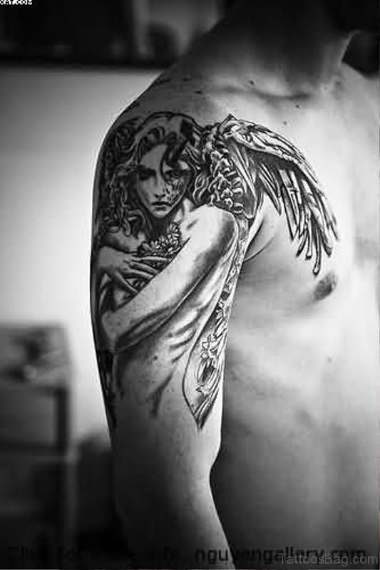 Woman Angel Tattoo On Shoulder