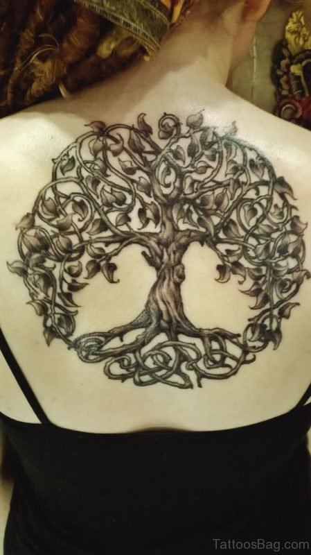 Woman Upper Back Celtic Tree Tattoo