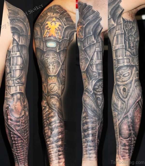 Wonderful Bio Mechanical Tattoo On Full Sleeve 