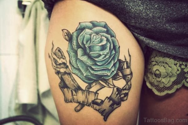 Wonderful Blue Rose Tattoo On Thigh