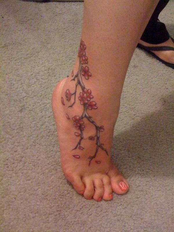 Wonderful Cherry Blowessom Tattoo On Ankle