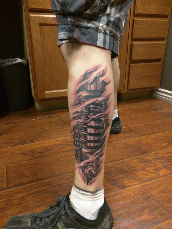 Wonderful Mechanical Tattoo On Leg 
