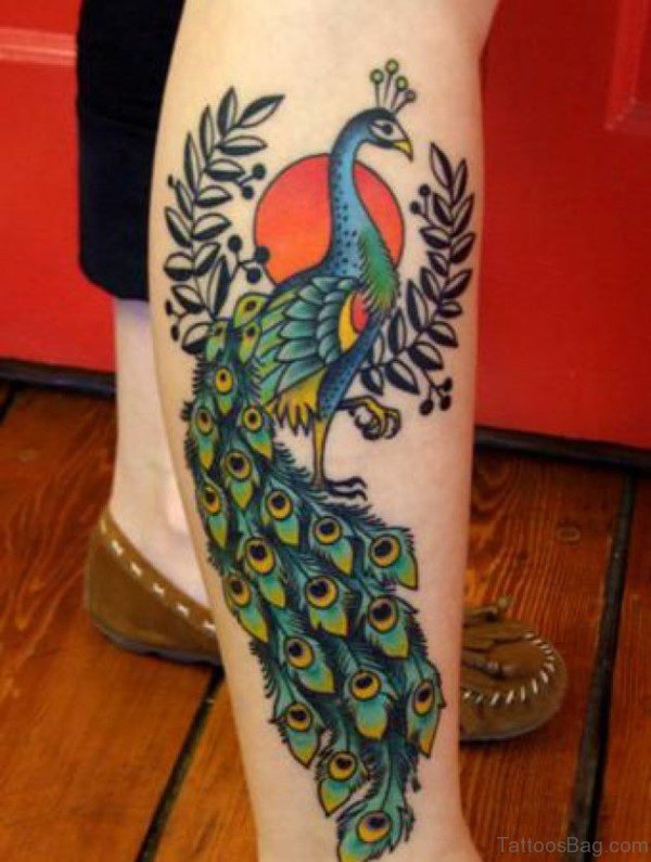Wonderful Peacock Tattoo On Leg