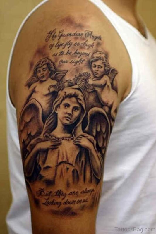 Wording And Angel Tattoo on Shoulder 