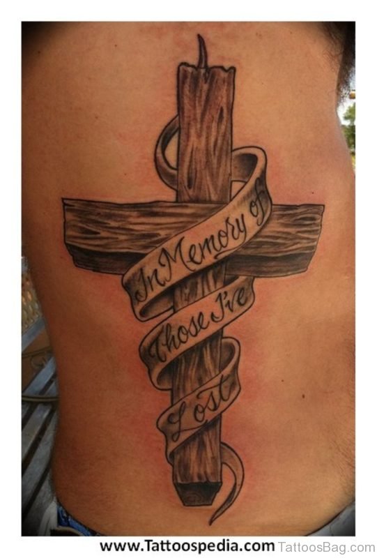Wording And Cross Tattoo On Rib 