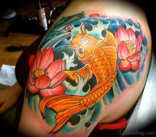 Yellow Fish Tattoo On Shoulder 