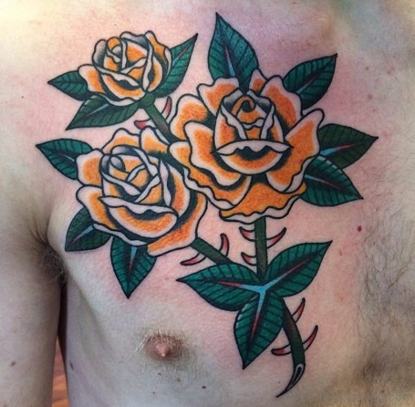 Yellow Rose Tattoo On Chest 