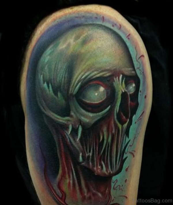 Zombie Alien Head Tattoo On Shoulder