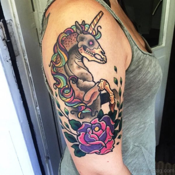 Zombie Unicorn With Rose Tattoo Design
