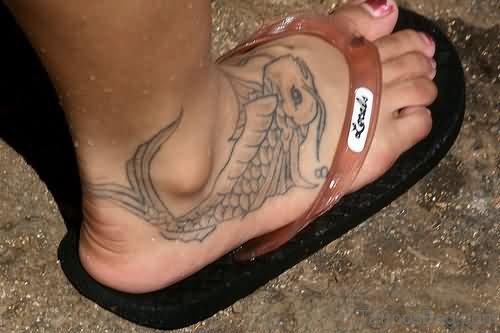 Grey Ink Fiish Tattoo On Foot