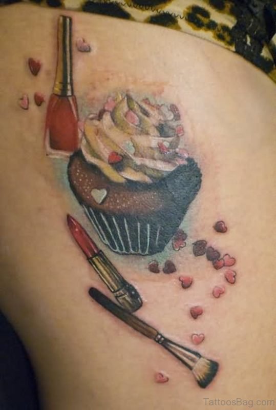 CUpcake And Makeup Brush Lipstick Tattoo On Side Rib 