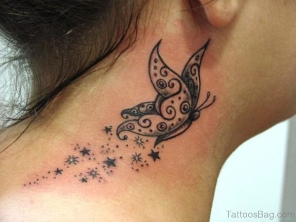 Adorable Butterfly And Star Tattoo On Neck
