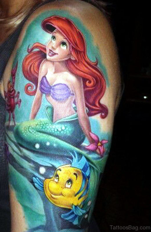 Ariel Mermaid Tattoo On Shoulder