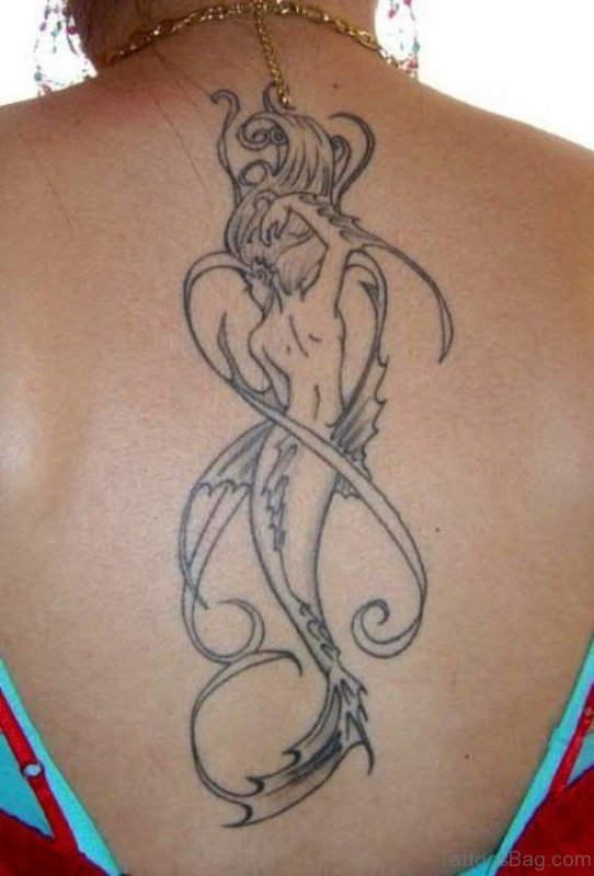 Black Outline Mermaid Tattoo On Back