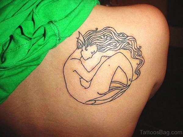 Black Outline Mermaid Tattoo On Shoulder