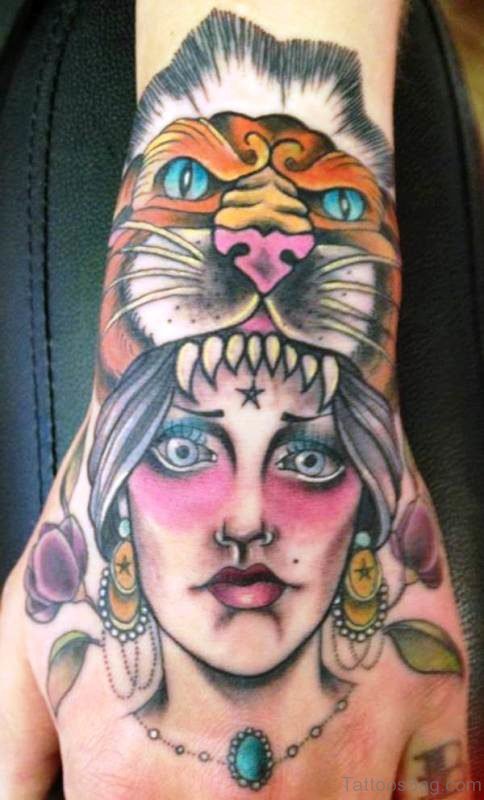 Classic Gypsy Tattoo With Lion Face