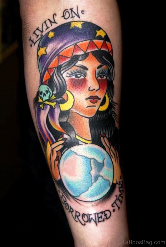 Colorful Gypsy Tattoo On Arm