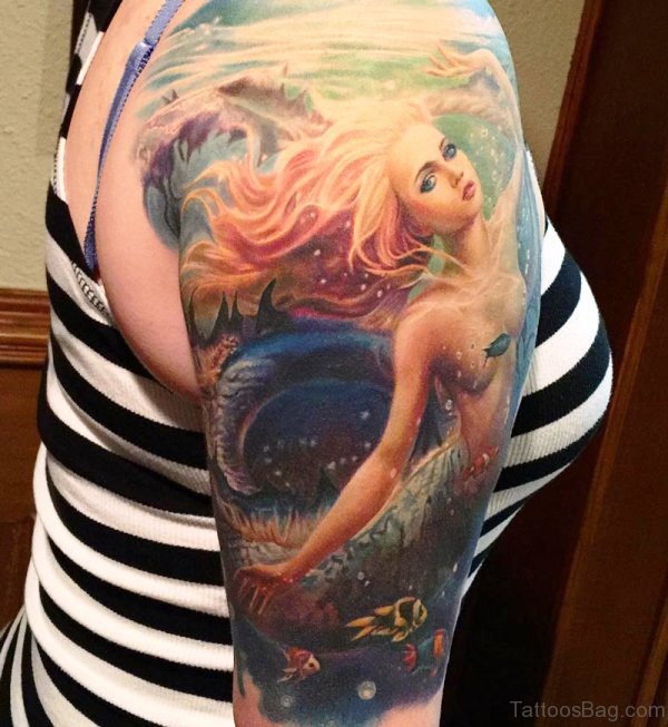 Colorful Mermaid Tattoo On Shoulder