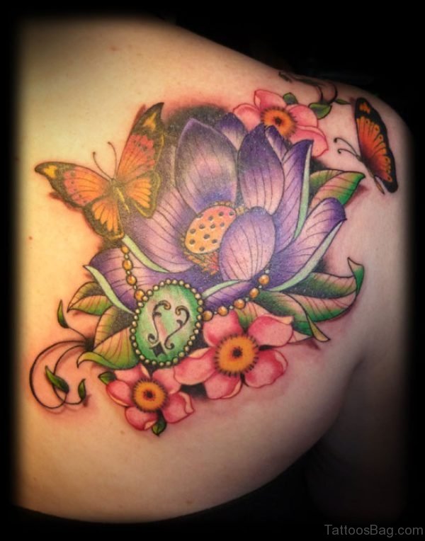Colorful Three Butterrfly And Flower Tattoo On Shoulder