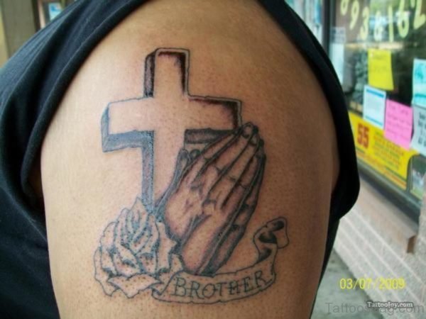 Cross With Brother Tattoo On Shoulder