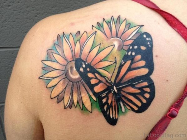 Cute Butterfly And Flower Tattoo On Shoulder