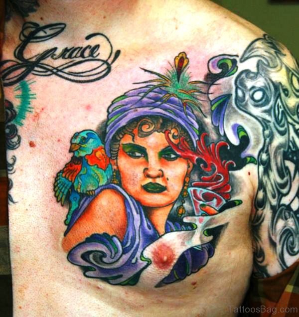 Elegant Gypsy Tattoo On Chest