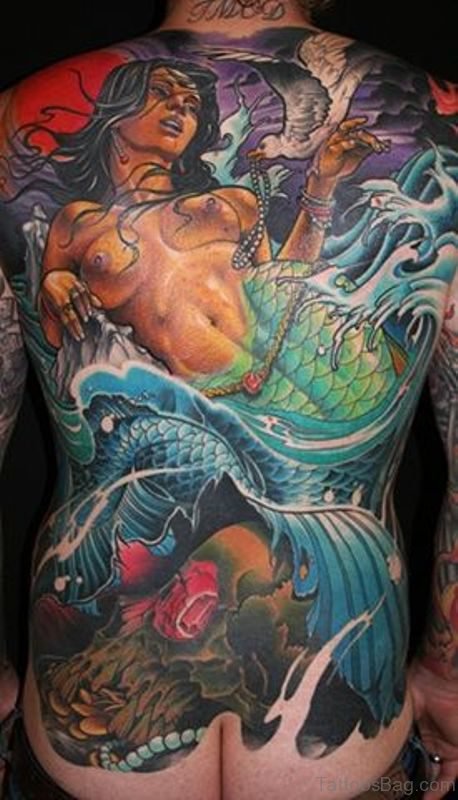 Excellent Mermaid Tattoo On Back