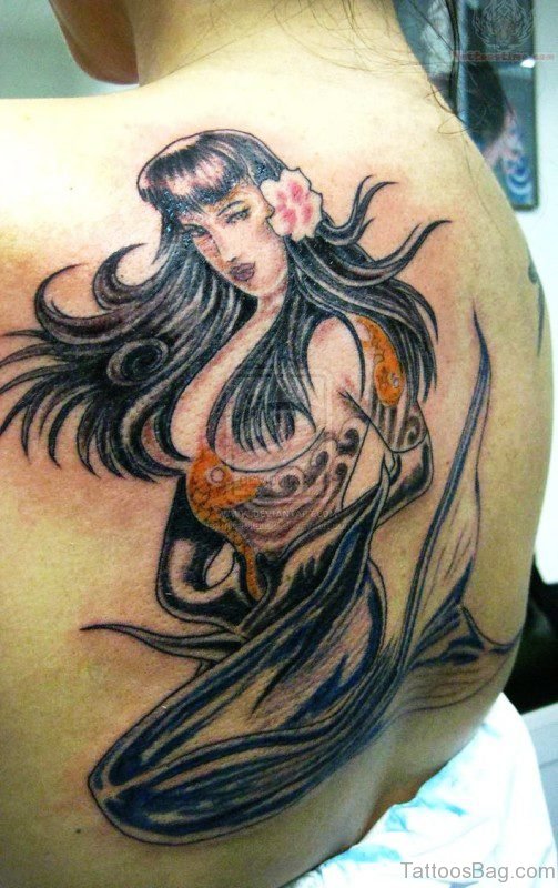 Grey Ink Mermaid Tattoo On Shoulder