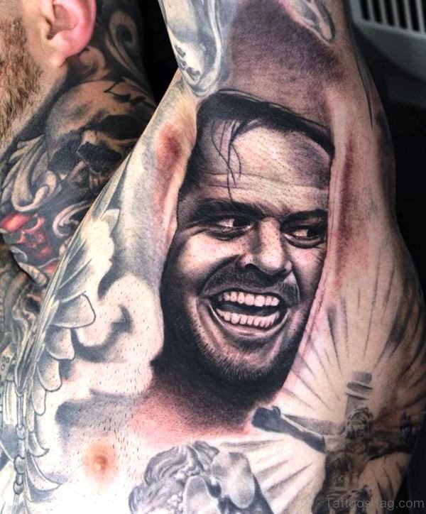 Grey Ink Portrait Tattoo On Armpit