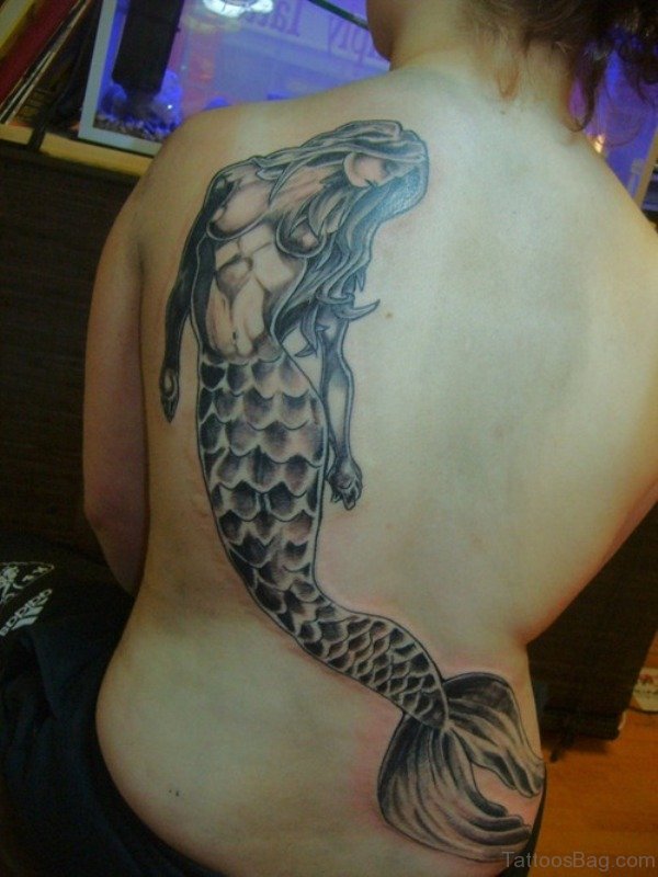 Grey Mermaid Tattoo On Back