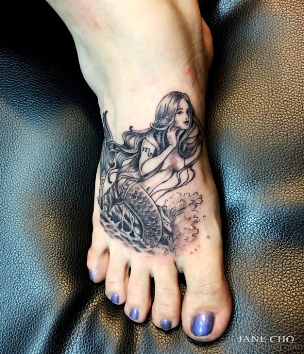 Grey Mermaid Tattoo On Foot