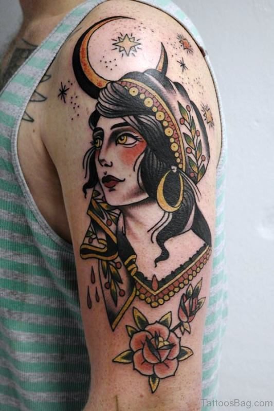 Gypsy With Moon Tattoo On Shoulder