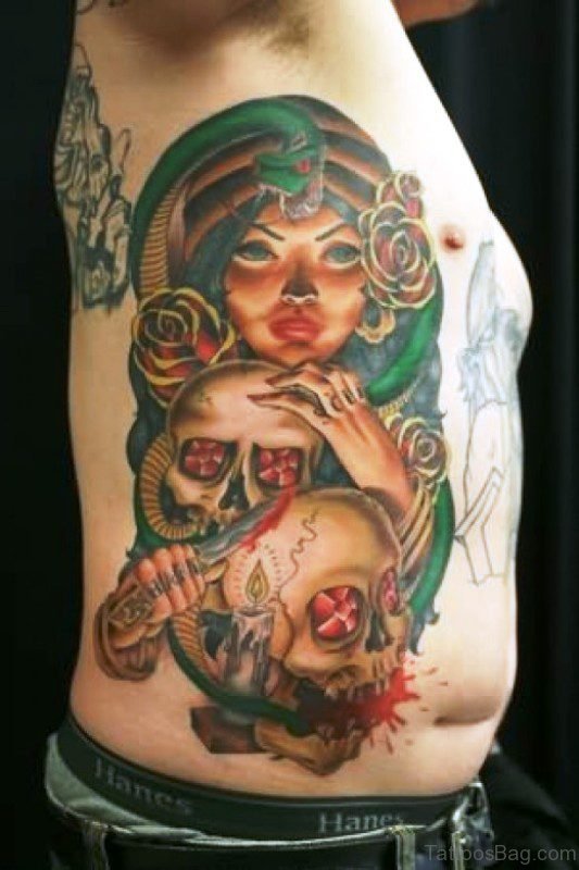 Gypsy With Skulls Tattoo On Rib