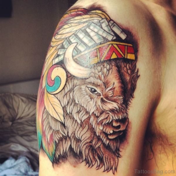 Impressive Buffalo Tattoo On Shoulder