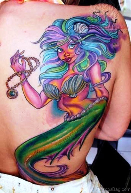 Impressive Mermaid Tattoo On Back Shoulder