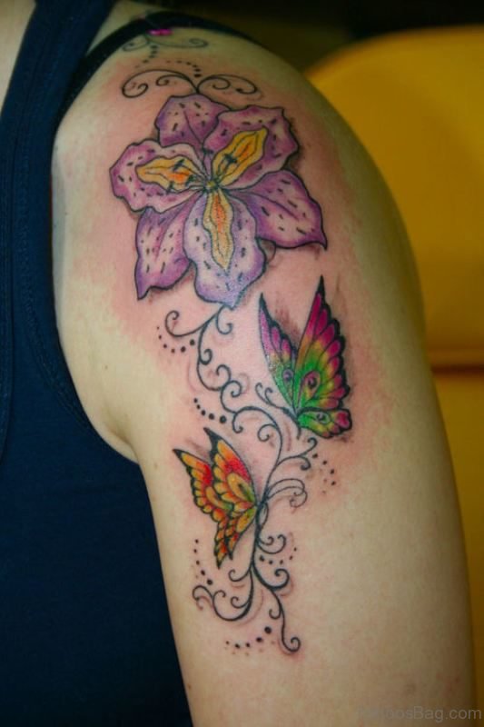 Lovely Butterfly And Star Tattoo On Shoulder