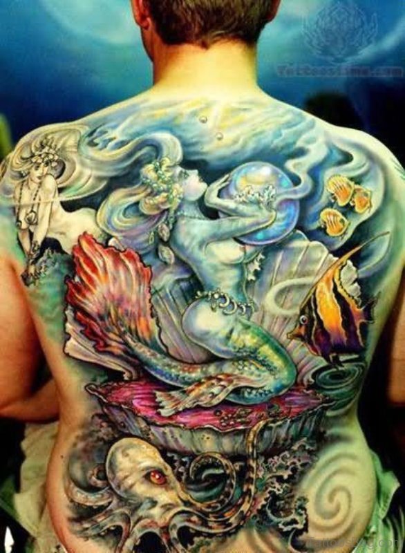 Mermaid In Ocean Tattoo On Back