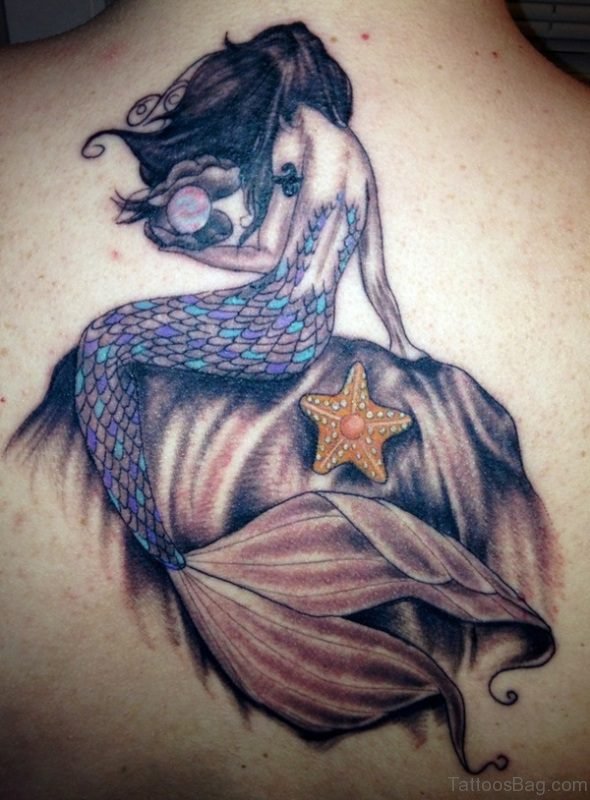 Mermaid With Pearl Tattoo On Back