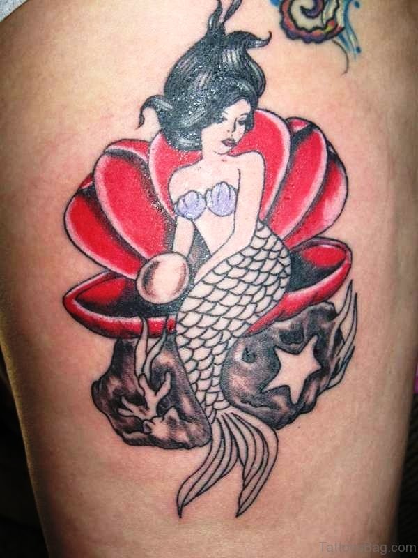 Mermaid With Pearl Tattoo On Shoulder