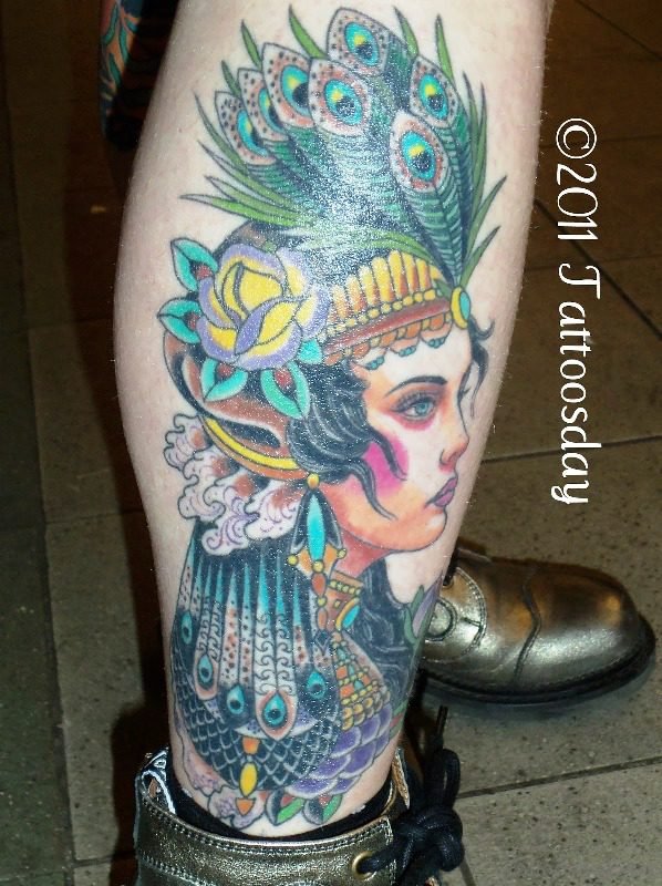 Peacock Feathers Gypsy Tattoo On Leg