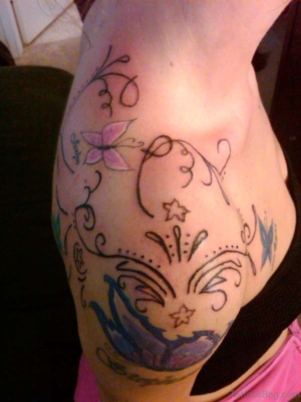 Pink Butterfly And Flower Shoulder Tattoo
